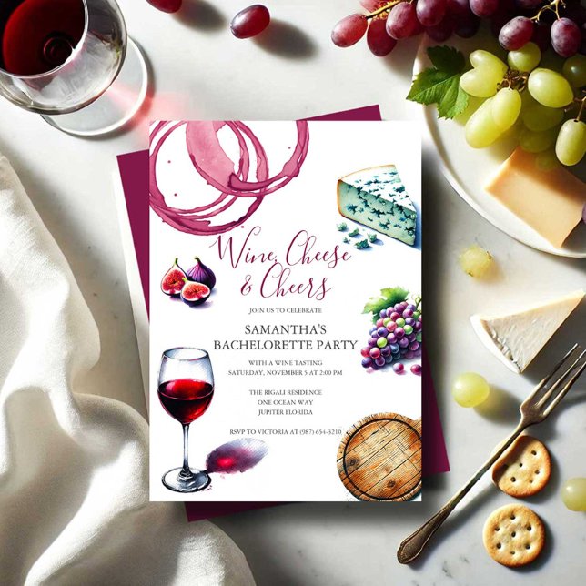 Vin och Cheese Illustration Bachelorette Party Inbjudningar (Bachelorette party themes low key ideas wine and cheese tasting party by Do Tell A Belle)