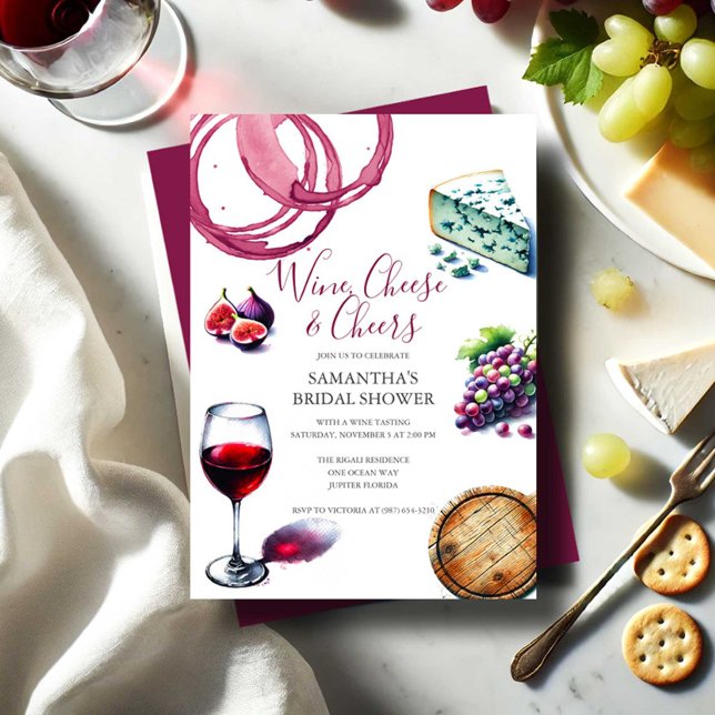 Vin och Cheese Inbjudningskort för möhippa (Bridal shower invitations wine & cheese tasting watercolor charcuterie design Victoria Grigaliunas )
