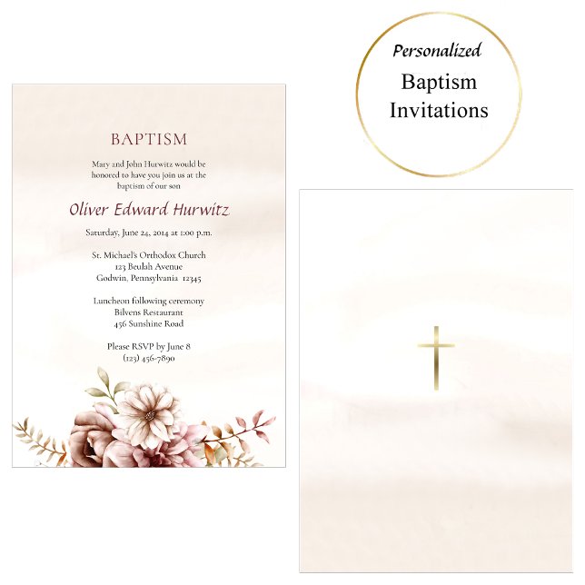 Vin och Cream Boho Flowers Ortodox Baptism Inbjudningar (Skapare uppladdad)