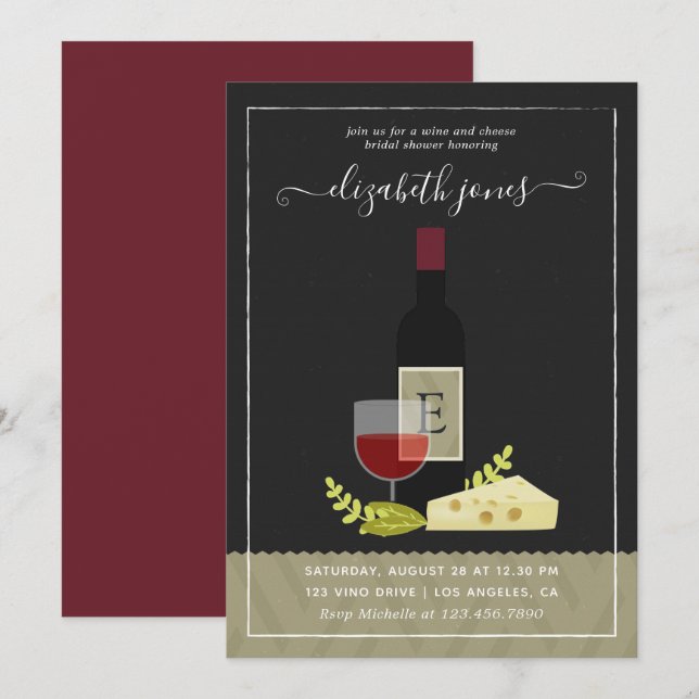 Vin och Ost Möhippa Monogram Inbjudningar (Fram/baksida)