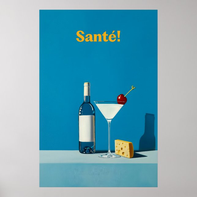 Vin- och ostkonsttryck Martini Cocktail, Blå Poster (Framsidan)