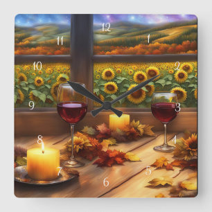 Vin och solblommor, vit och Söt Fyrkantig Klocka