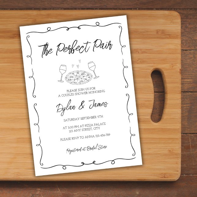 Vin & Pizza Perfekt Pair Hand plockade Par Inbjudningar (Wine & Pizza Perfect Pair Hand Drawn Couples Invitation)