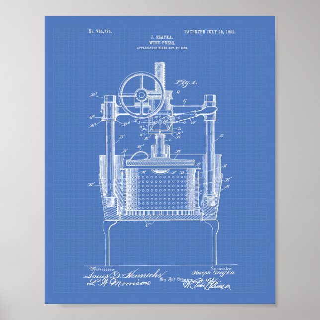 Vin Press 1903 Patent Art Blueprint Poster (Framsidan)
