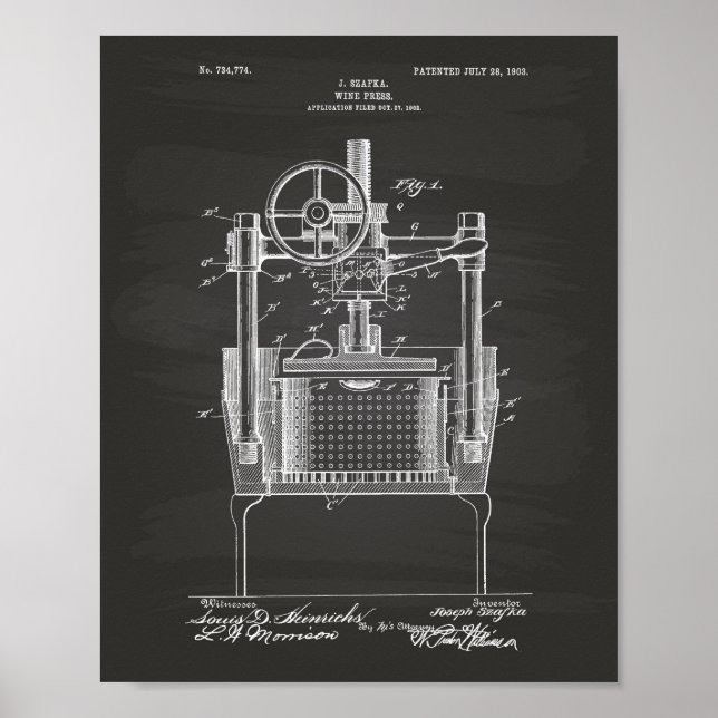 Vin Press 1903 Patent Art Chalkboard Poster (Framsidan)