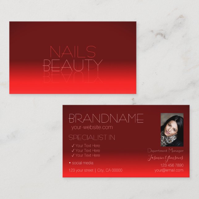 Vin Red Gradient Spegel Font Classic med Photo Visitkort (Fram/baksida)