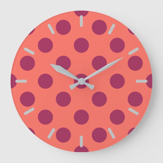 Vin röd och levande korall polka dots stor klocka (Framsida)
