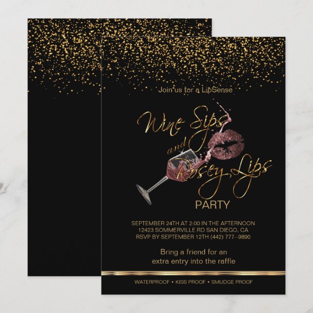 Vin Sips och Rosey Läppar Lipense Party Inbjudningar (Fram/baksida)