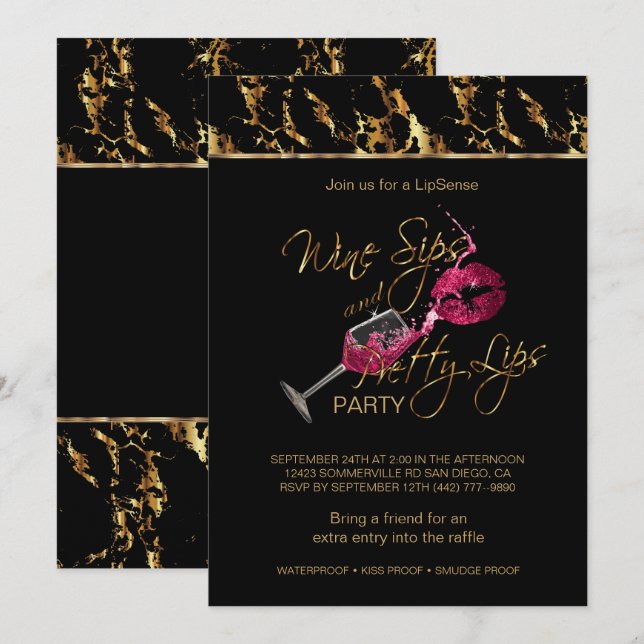 Vin Sips och Söt Läppar Lipense Party Inbjudningar (Fram/baksida)