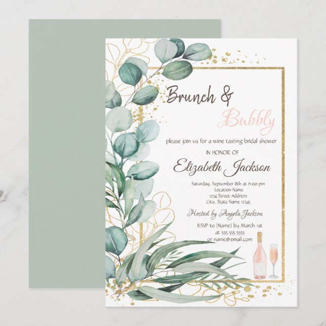 Vin Smak Eukalyptus Brunch & Bubbeldryck Inbjudningar (Fram/baksida)