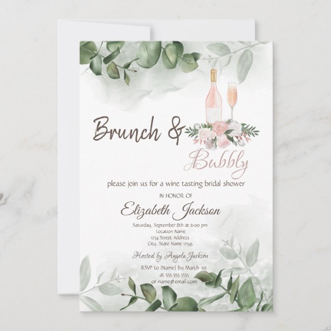 Vin Smak Eukalyptus Grönska Brunch & Bubbly Inbjudningar (Framsida)