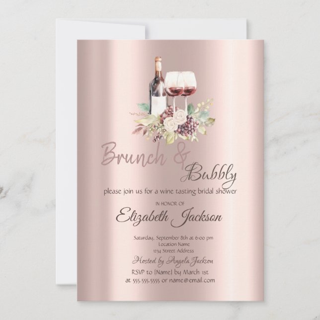 Vin Smaka Vindruvor Rose Gold Brunch & Bubbla Inbjudningar (Framsida)