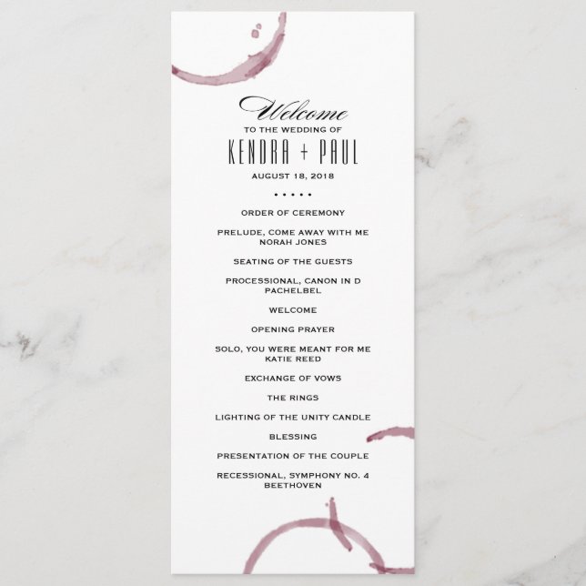 Vin Stains Winery Vineyard Ceremony-programmet Program (Framsida)