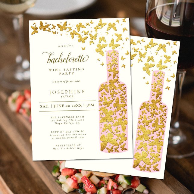 Vin Taste Bachelorette Party Butterflies Guld Inbjudningar (Skapare uppladdad)