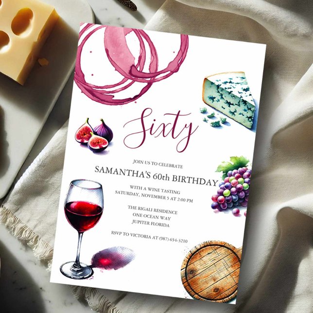 Vin Tasting 60:E BIRTHDAY-inbjudan Inbjudningar (60th Birthday party invitations watercolor charcuterie wine and cheese )