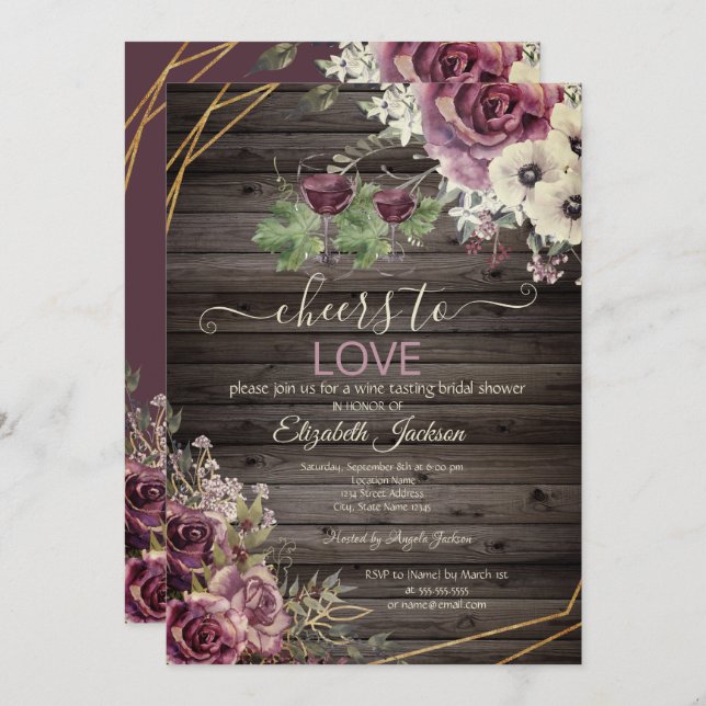 Vin Tasting Burgundy Flowers Wood Möhippa Inbjudningar (Fram/baksida)