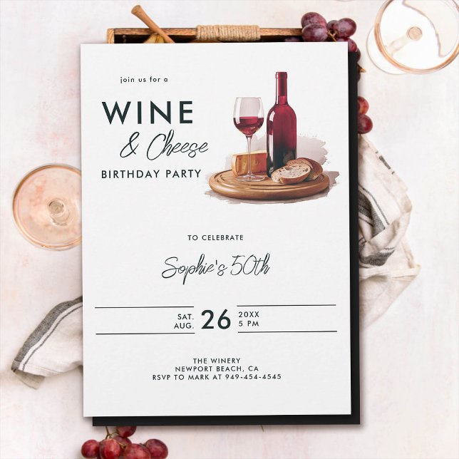 Vin Tasting Cheese Winery Modern 50:e födelsedag Inbjudningar (wine cheese birthday party invitation 50th fifty modern elegant watercolor)