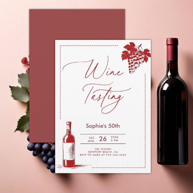 Vin Tasting Winery Modern Burgundy 50:e födelsedag Inbjudningar (wine tasting party 50th birthday invitations women winery trip modern minimalist elegant burgundy)