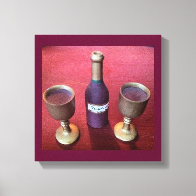 Vin Time Whimsical Vin Flaska och Goblets Canvastryck (Framsida)