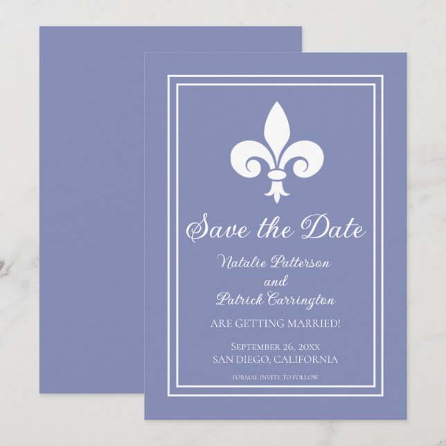 Vinblå Fleur de Lis Spara datum Inbjudan (Fram/baksida)