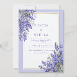 Vinblå Lavendel Romantisk Guld Ram Bröllop Inbjudningar