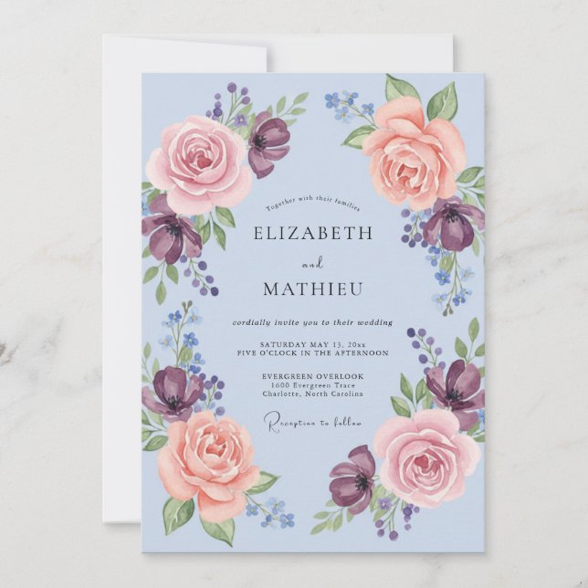 Vinblå romantisk blomsterkrans bröllop inbjudningar (Framsida)