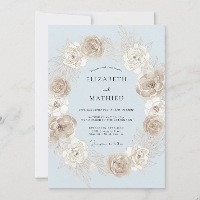 Vinblå Rosa Blommig Krans Bröllop Inbjudningar (Framsida)
