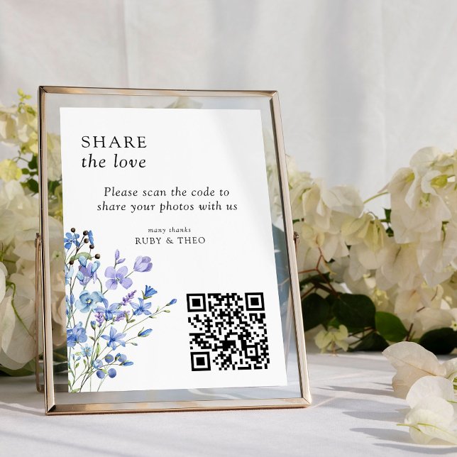 Vinblå vildblomma QR-kod för bilddelning kort (Photo Sharing sign from my Lilac + Periwinkle Wildflower Wedding Collection)