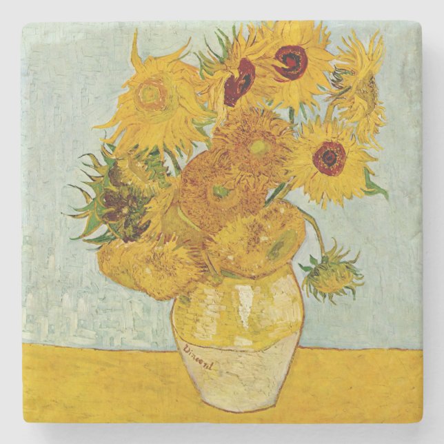 Vincent Van Gogh 12 Solblommor Impressionist Underlägg Sten (Framsidan)
