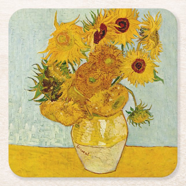 Vincent Van Gogh 12 Solrosor Impressionist Underlägg Papper Kvadrat (Framsidan)
