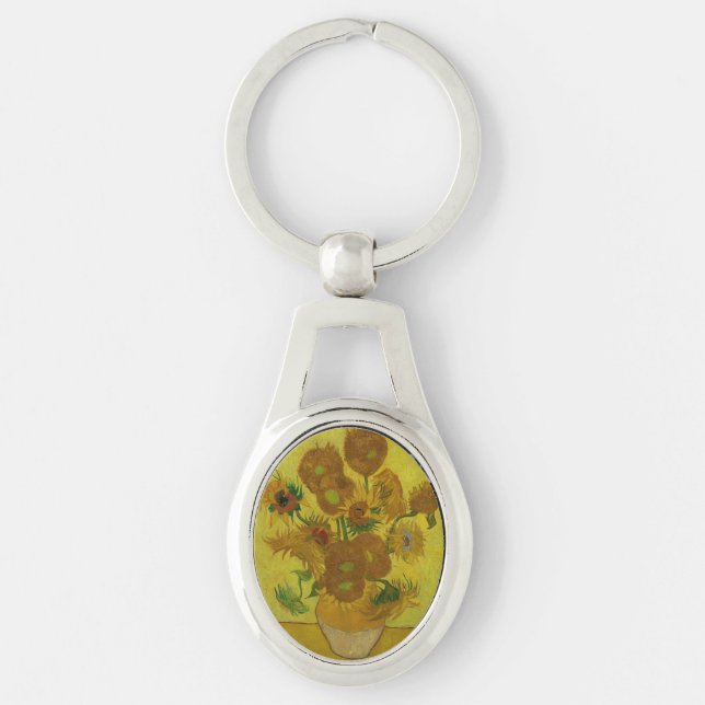 Vincent Van Gogh 15 solrosor målning Ovalt Silverfärgad Nyckelring (Framsidan)