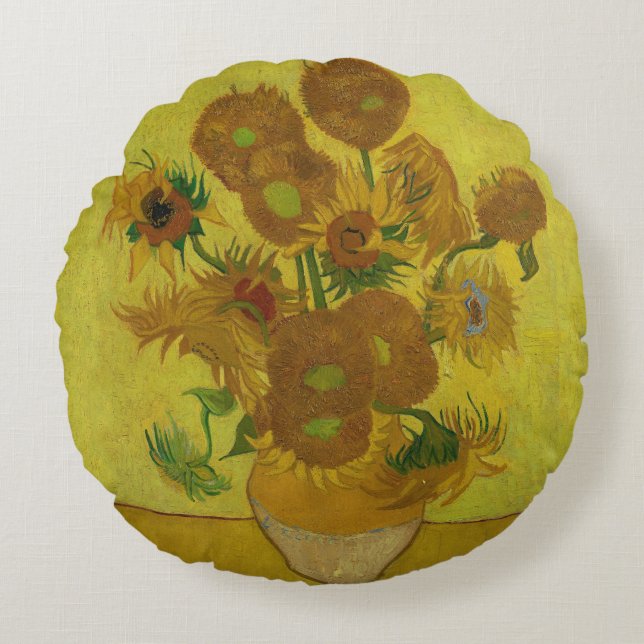 Vincent Van Gogh 15 solrosor målning Rund Kudde (Framsidan)