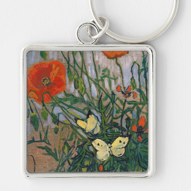 Vincent van Gogh - Butterflies och Poppies Fyrkantig Silverfärgad Nyckelring (Framsidan)