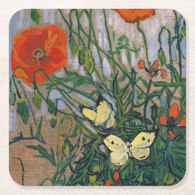 Vincent van Gogh - Butterflies och Poppies Underlägg Papper Kvadrat (Framsidan)