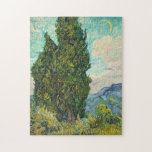 Vincent Van Gogh Cypresses Pussel<br><div class="desc">Fin vintage konst berömd imponsionistisk målare Vincent Van Gogh. Denna imponerande konst har cypress träd i fält framför virrvarr och måne i himlar. Gulter och gröntar är ett underbart pussel.</div>