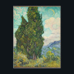 Vincent Van Gogh Cypresses Vykort<br><div class="desc">Fin vintage konst berömd imponsionistisk målare Vincent Van Gogh. Denna imponerande konst har cypress träd i fält framför virrvarr och måne i himlar. Tealerna,  gulterna och gröntarna är vackra.</div>