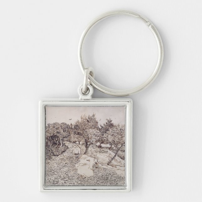 Vincent Van Gogh | de olivgröna träden Fyrkantig Silverfärgad Nyckelring (Framsidan)