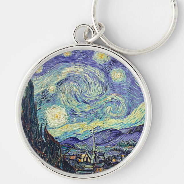 Vincent Van Gogh/ Den stjärnbeströdda natten    Rund Silverfärgad Nyckelring (Framsidan)
