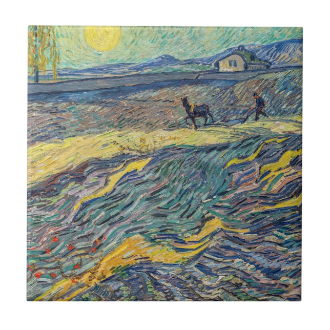 Vincent van Gogh - Fält med plöjande jordbrukare Kakelplatta (Framsidan)