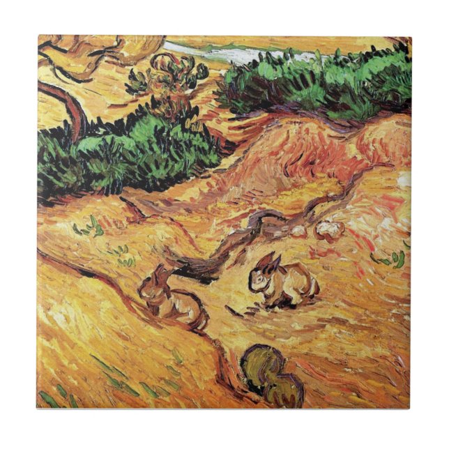 Vincent Van Gogh - Fält med två kaninkonst Kakelplatta (Framsidan)