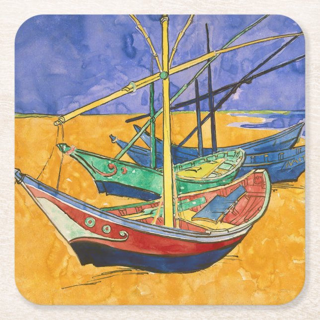 Vincent van Gogh - Fiskebåtar vid stranden Underlägg Papper Kvadrat (Framsidan)