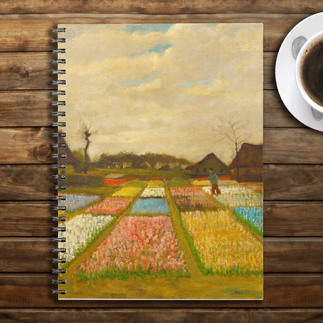 Vincent van Gogh Flower Beds i Nederländerna Anteckningsbok (Van Gogh Flower Beds in Holland Notebook on Rustic Brown Wood Tabletop with Coffee)