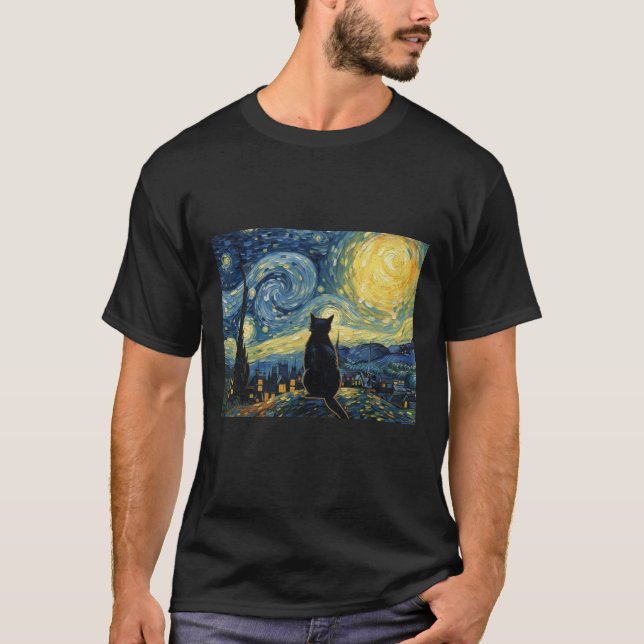 Vincent Van Gogh Inspired Starry Night Kitten Silh T Shirt (Framsida)