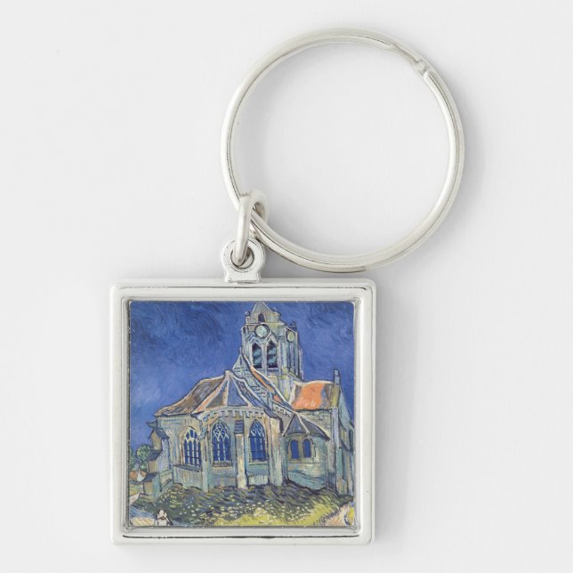 Vincent van Gogh | Kyrkan i Auvers-sur-Oise Fyrkantig Silverfärgad Nyckelring (Framsidan)