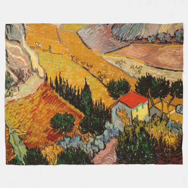 Vincent van Gogh - Landskap, House och Plowman Fleecefilt (Framsidan (Horisontell))