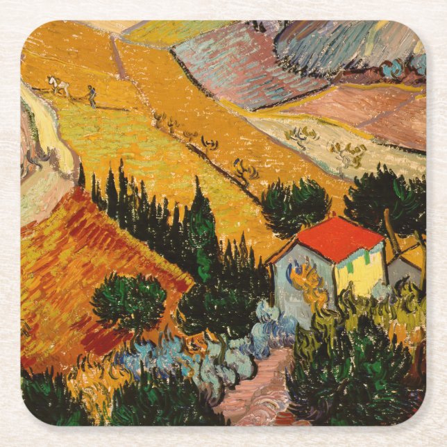 Vincent van Gogh - Landskap, House och Plowman Underlägg Papper Kvadrat (Framsidan)