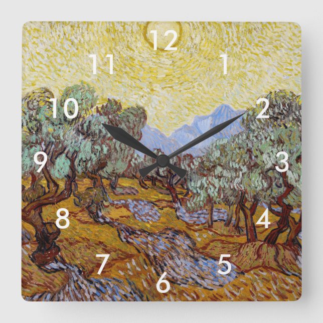 Vincent van Gogh - Olive Träd, Gult Himlar och Sol Fyrkantig Klocka (Framsida)