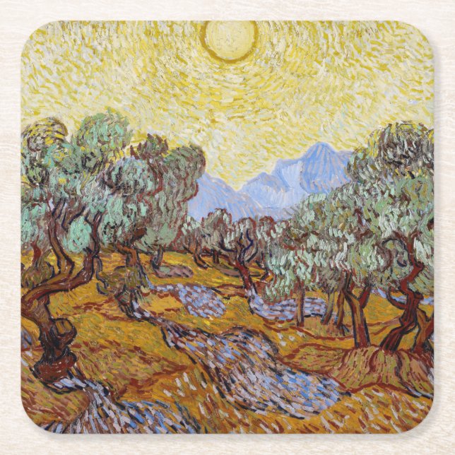 Vincent van Gogh - Olive Träd, Gult Himlar och Sol Underlägg Papper Kvadrat (Framsidan)