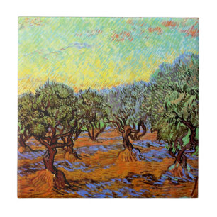 Vincent Van Gogh - Olivlund med orange himmel Kakelplatta