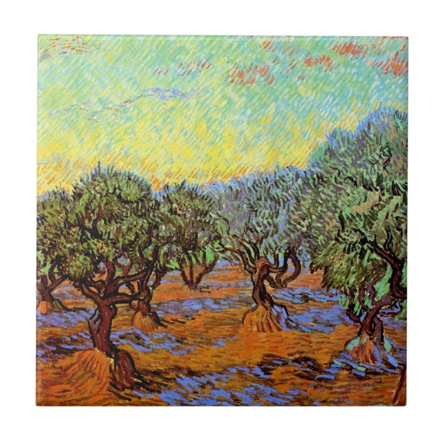 Vincent Van Gogh - Olivlund med orange himmel Kakelplatta (Framsidan)